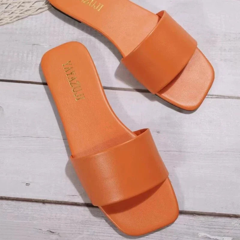 Fashion Minimalist Single Band Slide Sandals Solid Color Women Slippers Summer New Outdoor Sandy Beach Open Toe Flat Shoes