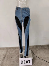 DEAT Fashion Women's Jeans Slim Deconstruct Panelled Patchwork High Waist Split Blue Long Denim Pants Spring