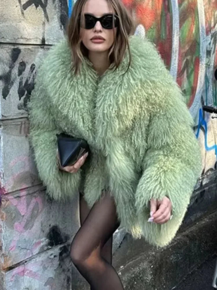 Fashion Green Loose Women Faux Fur Jacket Elegant Stand Neck Full Sleeve Short Thicken Coat Winter New Lady Highstreet Outerwear