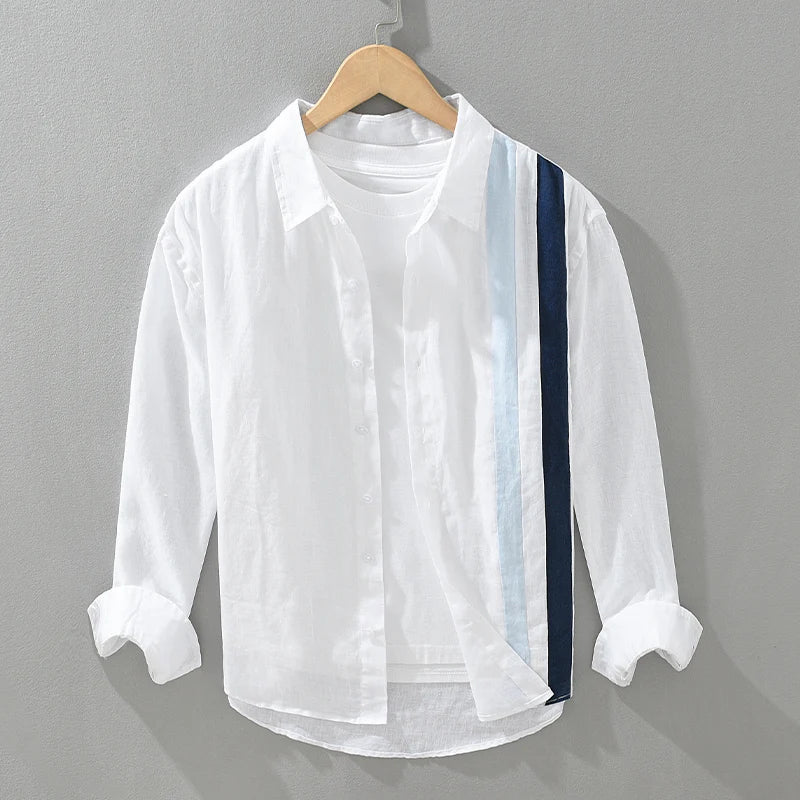 New 100% Linen Long Sleeve Shirt for Men Loose Shirts No Bounce Fashion Striped Patchwork Men's Clothing