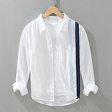 New 100% Linen Long Sleeve Shirt for Men Loose Shirts No Bounce Fashion Striped Patchwork Men's Clothing