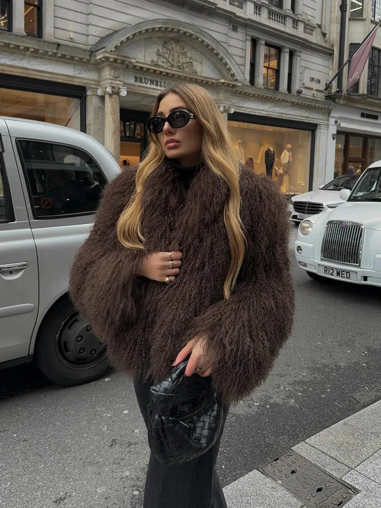 Fashion Solid Fluffy Faux Fur Jacket For Women Luxury O-neck Long Sleeve Warm Cardigan Coat 2024 Winter Lady Chic Street Outwear