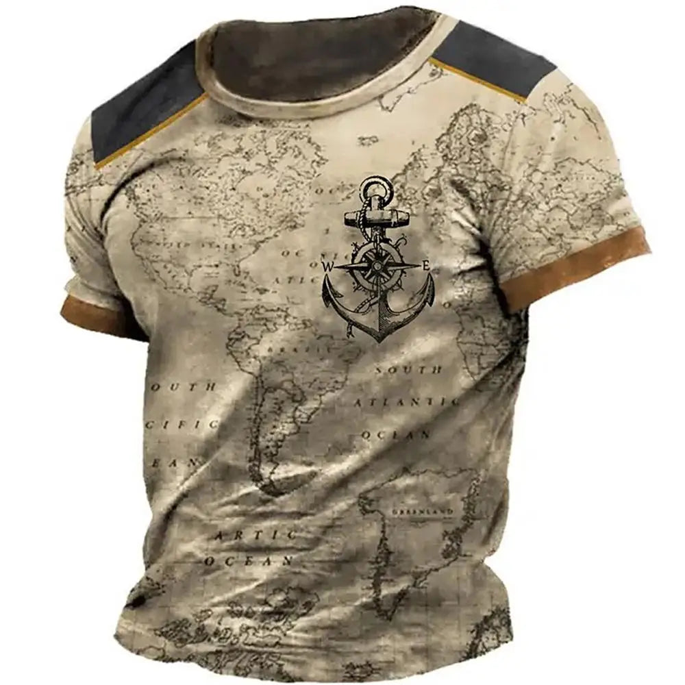 Vintage Men's T-shirt Summer American Shirt Tops Compass Printed Short-sleeve Tees Loose Daily Men Clothing Casual Streetwear