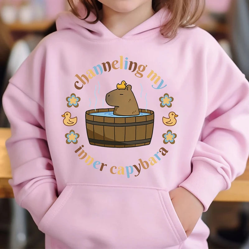 Cute Capybara Loves Bubble Tea kids hoodie pink plus velvet sweater autumn and winter tops for girls