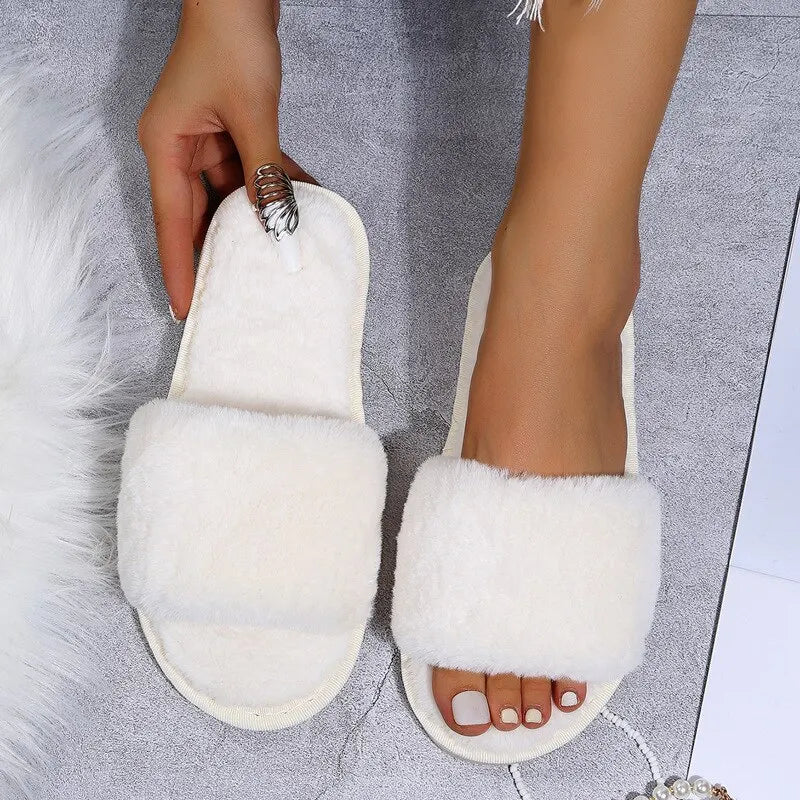 Winter Women Winter House Furry Slippers Non-Slip Casual Indoor Flats Floor Shoes Ladies Flip Flops Warm Shoes Solid Colors