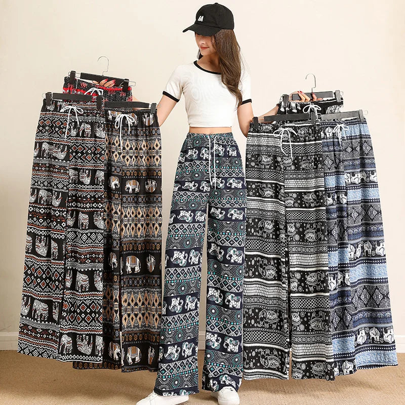 Women Wide Leg Pants High Waist Elephant Print Pant Summer Thin Straight Trousers Casual Bottoms Female Clothing Fashion