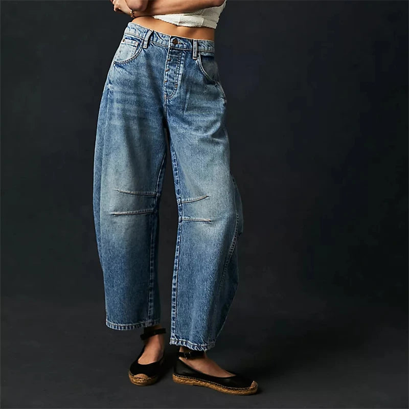 Midiross High Stretch Mid-Rise Barrel Jeans Fashion wide Leg Shape Women Casual Baggy Mid Waist Denim Jeans