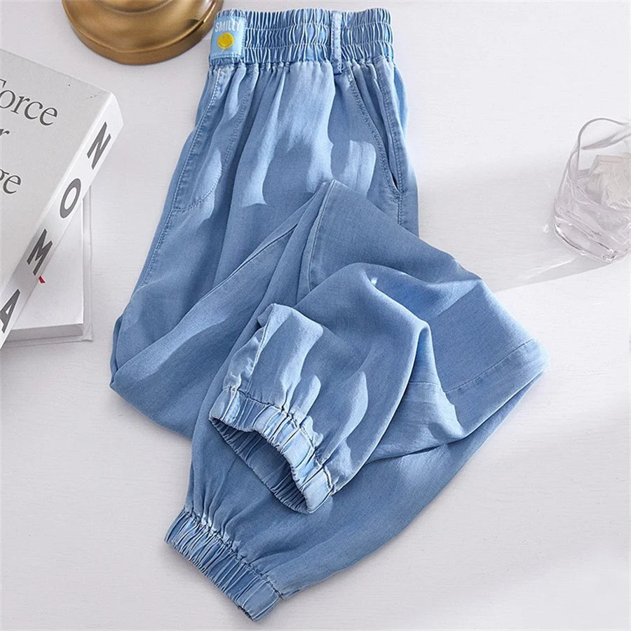 Oversized 145kg Summer Faux Harem Jeans Women Casual Ice Silk Thin Baggy Pantalones Korean Fashion Elastic High Waist Denim Pant