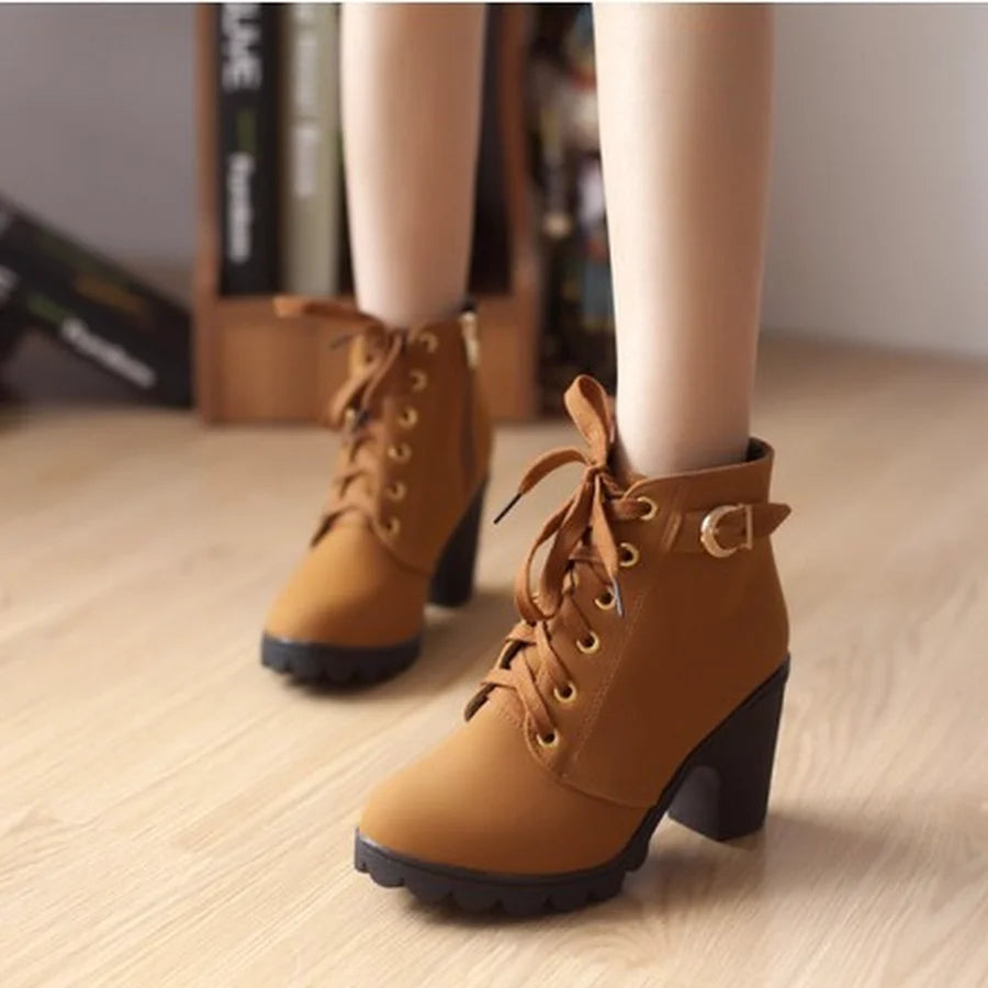 New Spring Winter Women Pumps Boots High Quality Lace-up European Ladies Shoes PU High Heels Boots Fast Delivery