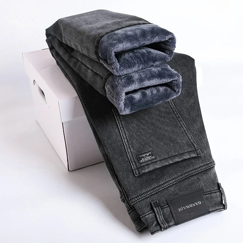 Winter Fleece Thick Warm Jeans Men's Slim Straight Elastic Denim Pants Casual Male Clothing Fashion Plush Trousers