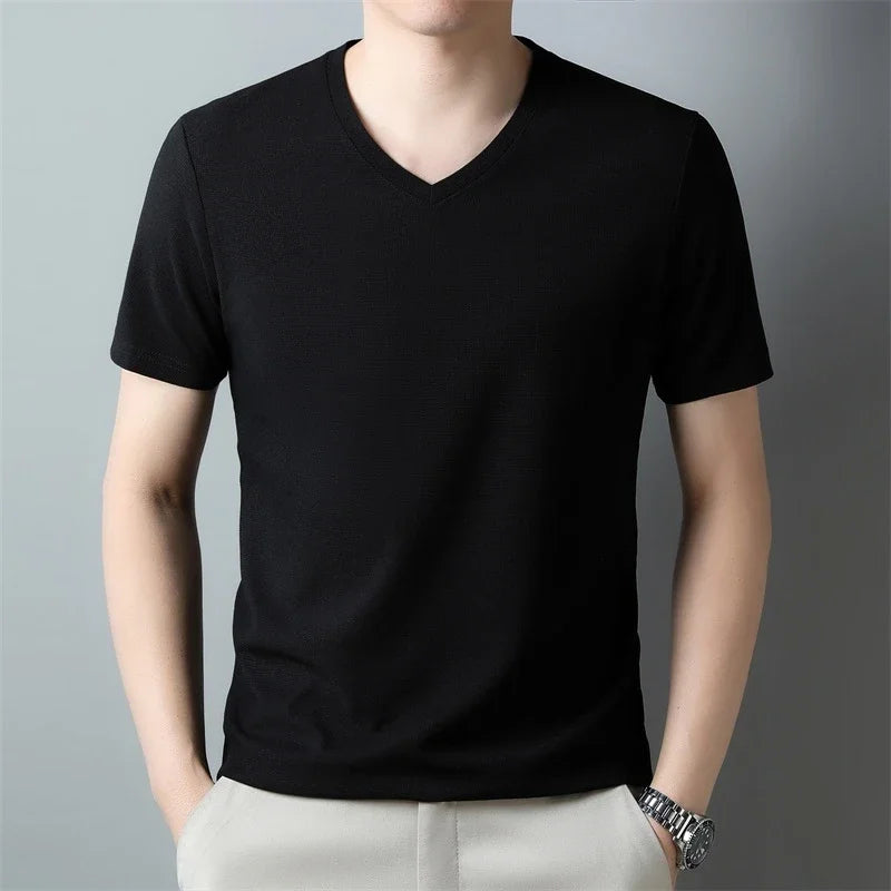 Men's Waffle V Neck Short Sleeve T-Shirt Summer Comfortable Breathable Fashion Top in Solid Colors