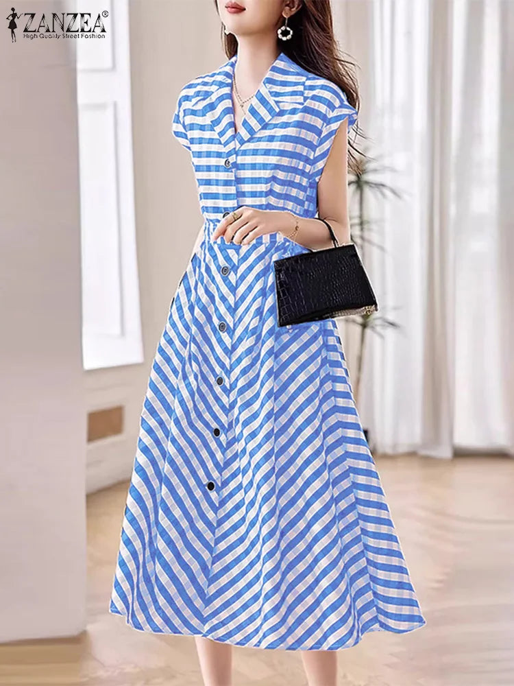 Fashion Office Stripes Shirt Dress Women Korean Work A-line Midi Dress Summer Elegant Lapel Collect Waist Vestidos