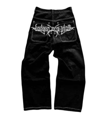 Y2K trendy retro classic pocket skull pattern straight denim trousers summer American Gothic washed wide-leg denim loose pants