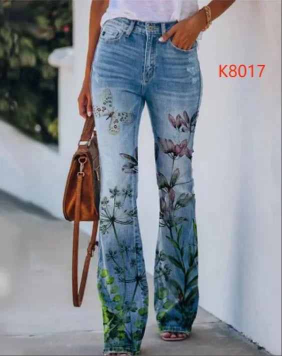 New Cross-Border Style Independent Station Denim Thin Jeans Women's Plus Size Printing European And American Trend