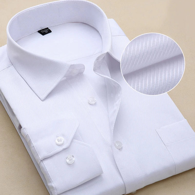 Men's Top Quality Dress Shirts Long Sleeve Slim Fit Solid Striped Business Formal White Shirt Male Social Clothing