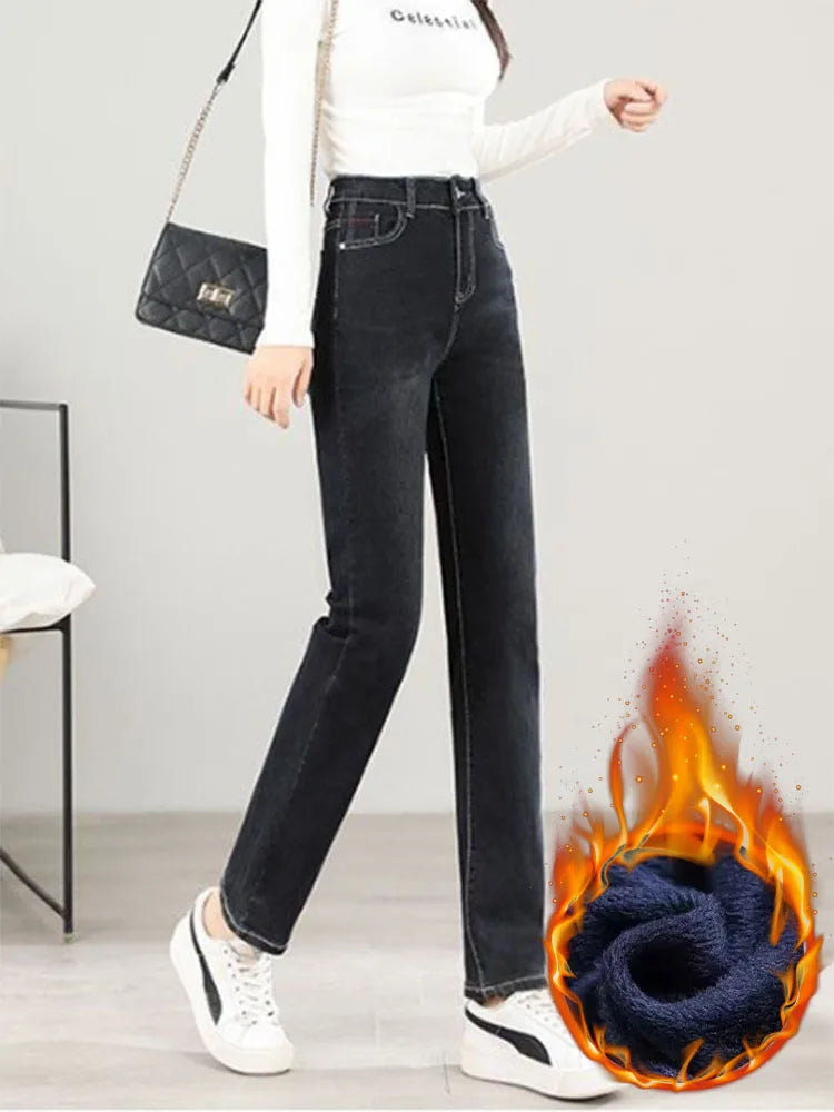 Winter Plush Velvet Lined Warm Jeans Hight Waist Women Thick Denim Pants Slim Straight Oversized 80kg Causal Korean New Vaqueros