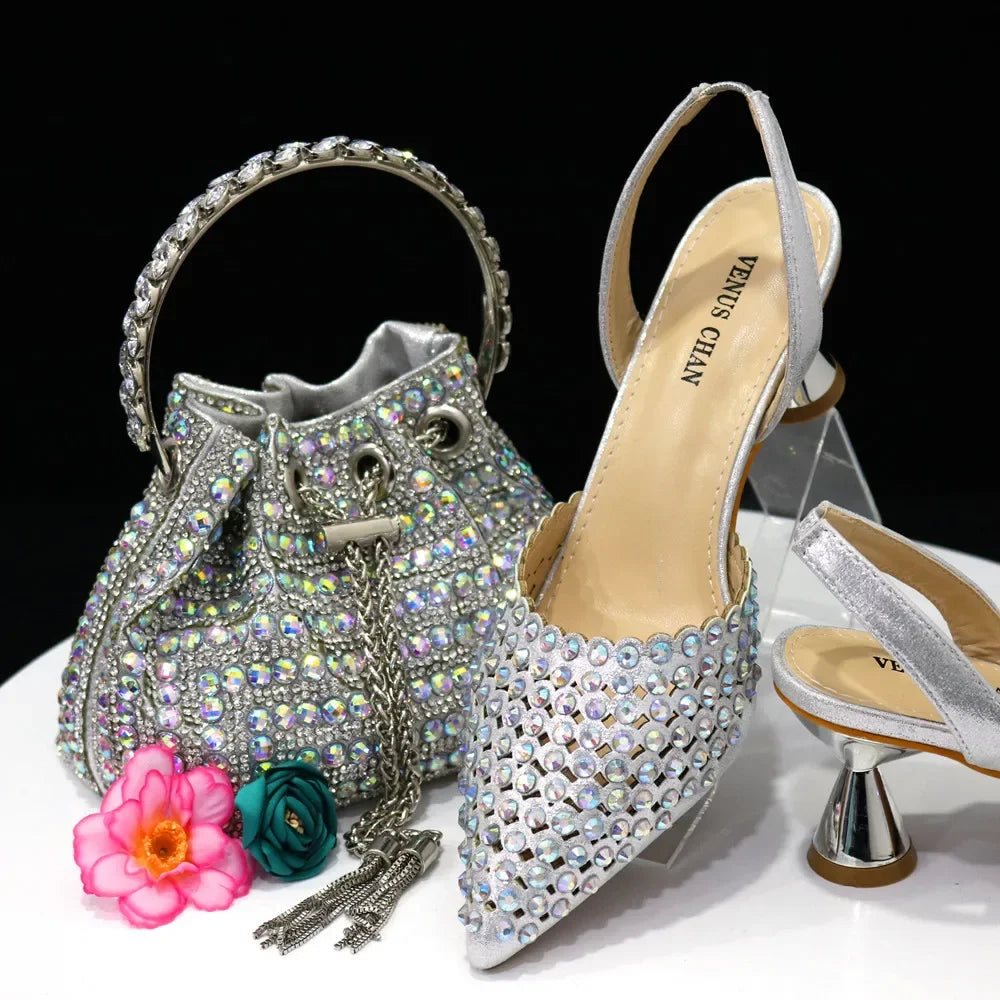 Venus Chan High Heels for Lady Luxury Designer Green Color Full Diamond Pointed Toe Wedding Shoe and Bag Set for Party