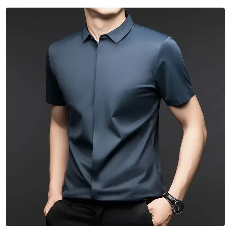 High end Mulberry Silk Dress Shirts Business Men Wrinkle Resistant Button Invisible Elastic Tops Luxurious Male Quality Clothing