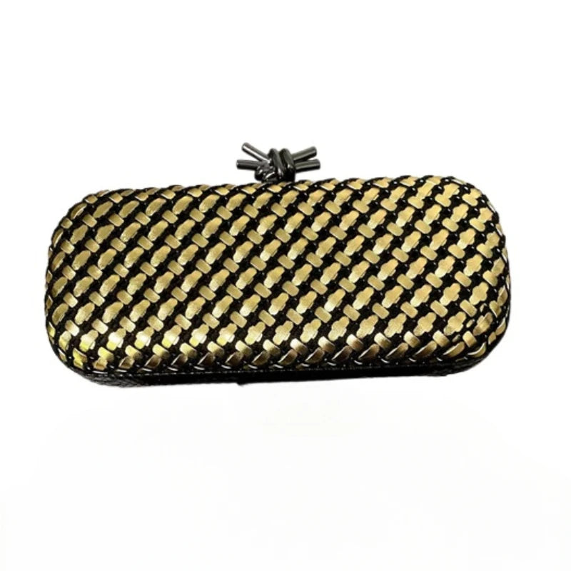 Gold Evening Clutch Bag for Women Leather and Bright Line Woven Purse Elegant Ladies Metal Knot Party Handbag Bolsas Femininas