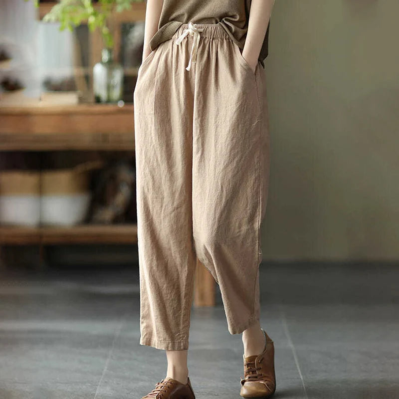 Rimocy Summer Casual Cotton Linen Pants Women Retro Pockets Loose Harem Pants Woman Solid Elastic Waist Trousers Female