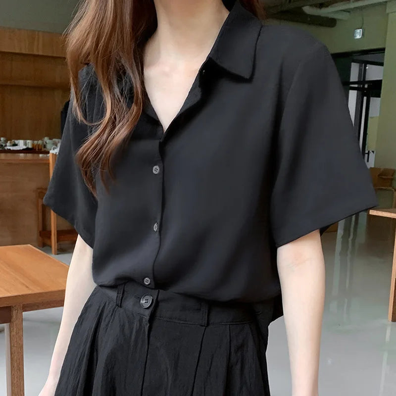 Women'S New Korean Chiffon Fashion Cardigan Top Female Summer Loose Thin Trend Slim Versatile Short Sleeve Lapel Neck Shirt