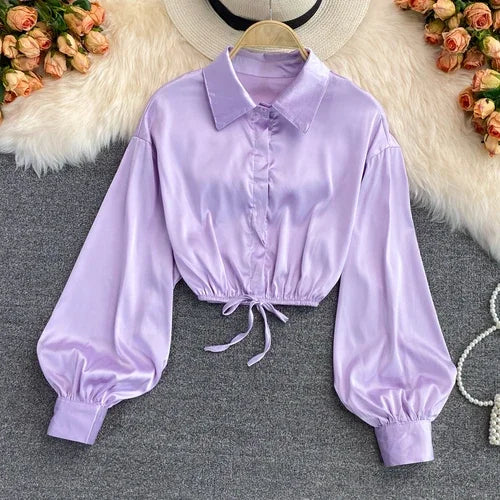 tops woman blouse polo shirts satin long sleeve women blouse female shirt harajuku sexy pleated tee