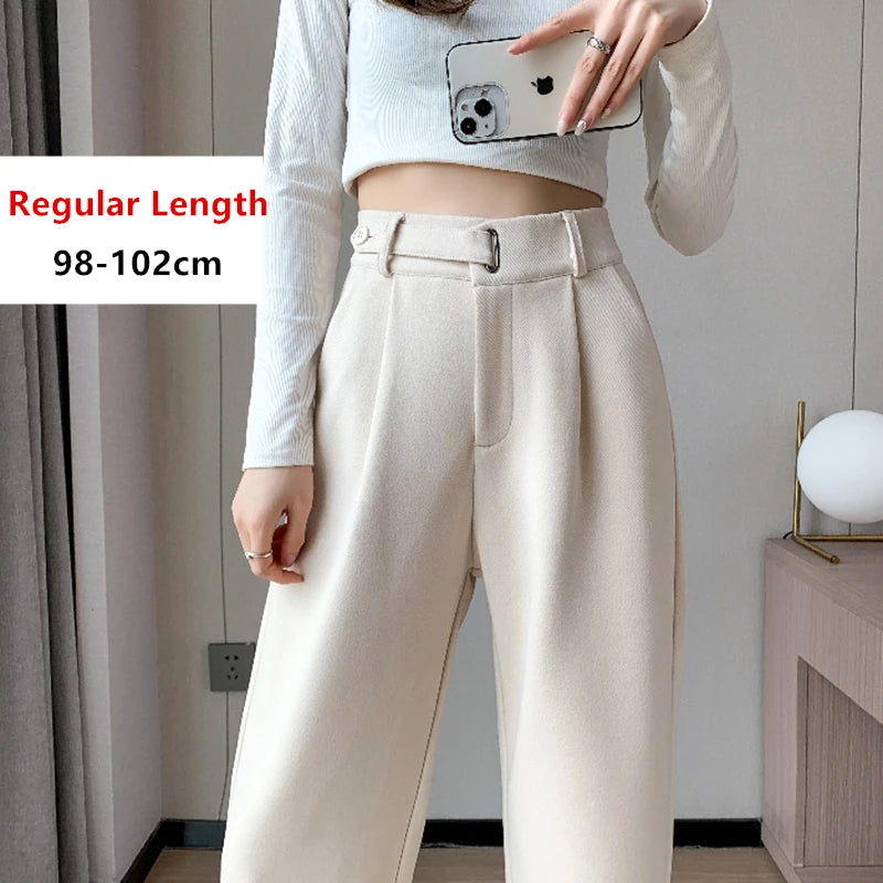 Seoulish Autumn Winter Thicken Woolen Casual Loose Full Length Pants New Button High Waist Chic Wide Leg Trousers Female