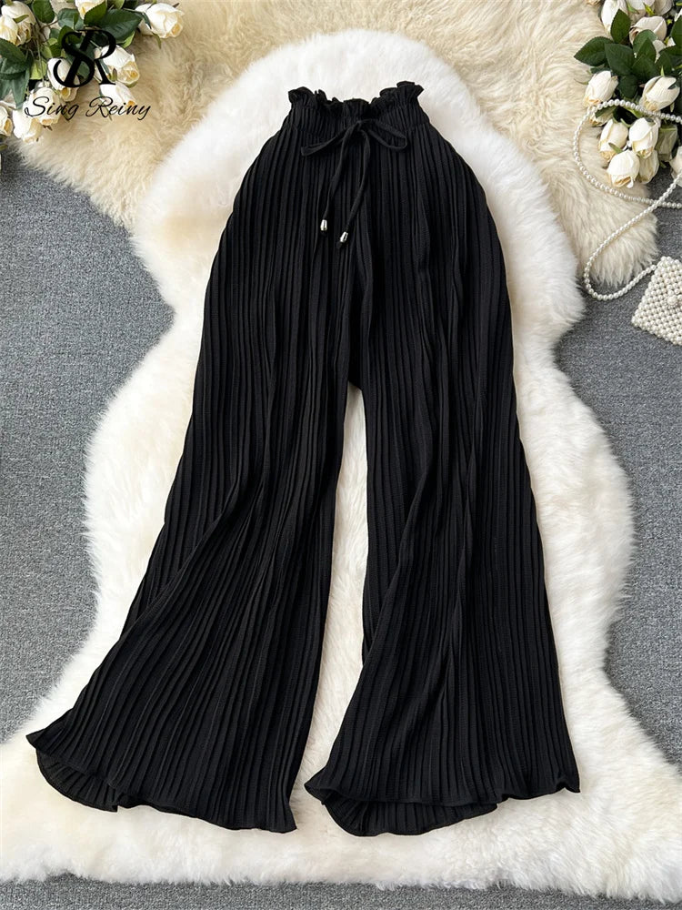 SINGREINY Bandage Basics Casual Pants Women Summer Oversize Draped Wide Legs Pants High Waist Solid Long Pleated Trousers