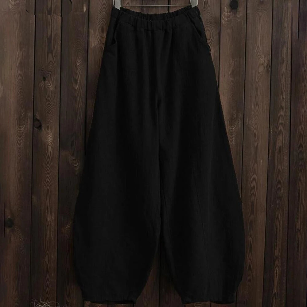 Spring Summer Cotton Linen Style Bloomers Wide Leg Pants Women Vintage Full Length Elegant Pants Solid Elastic Waist S-5XL