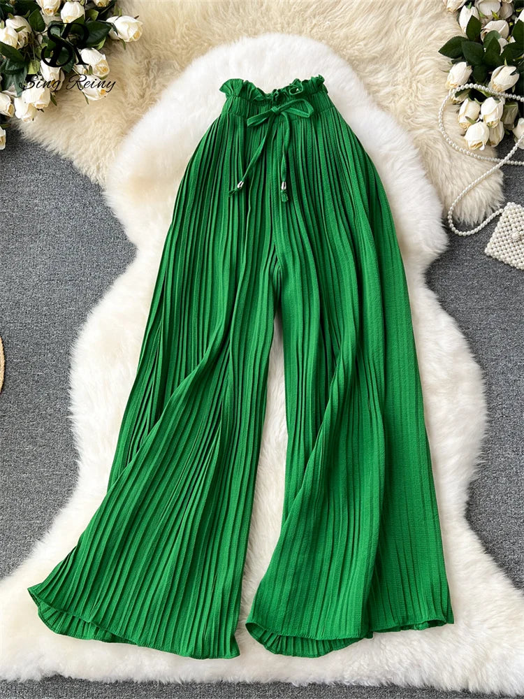 SINGREINY Bandage Basics Casual Pants Women Summer Oversize Draped Wide Legs Pants High Waist Solid Long Pleated Trousers