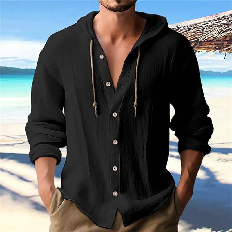 Men's solid color casual shirt, hooded drawstring cotton and linen cardigan, trendy and versatile loose beach T-shirt