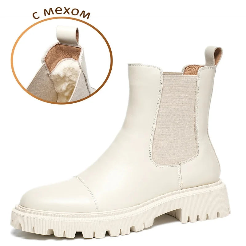 BeauToday Ankle Boots Platform Women Cow Leather Chelsea Boots Round Toe Elastic Band Thick Sole Ladies Shoes