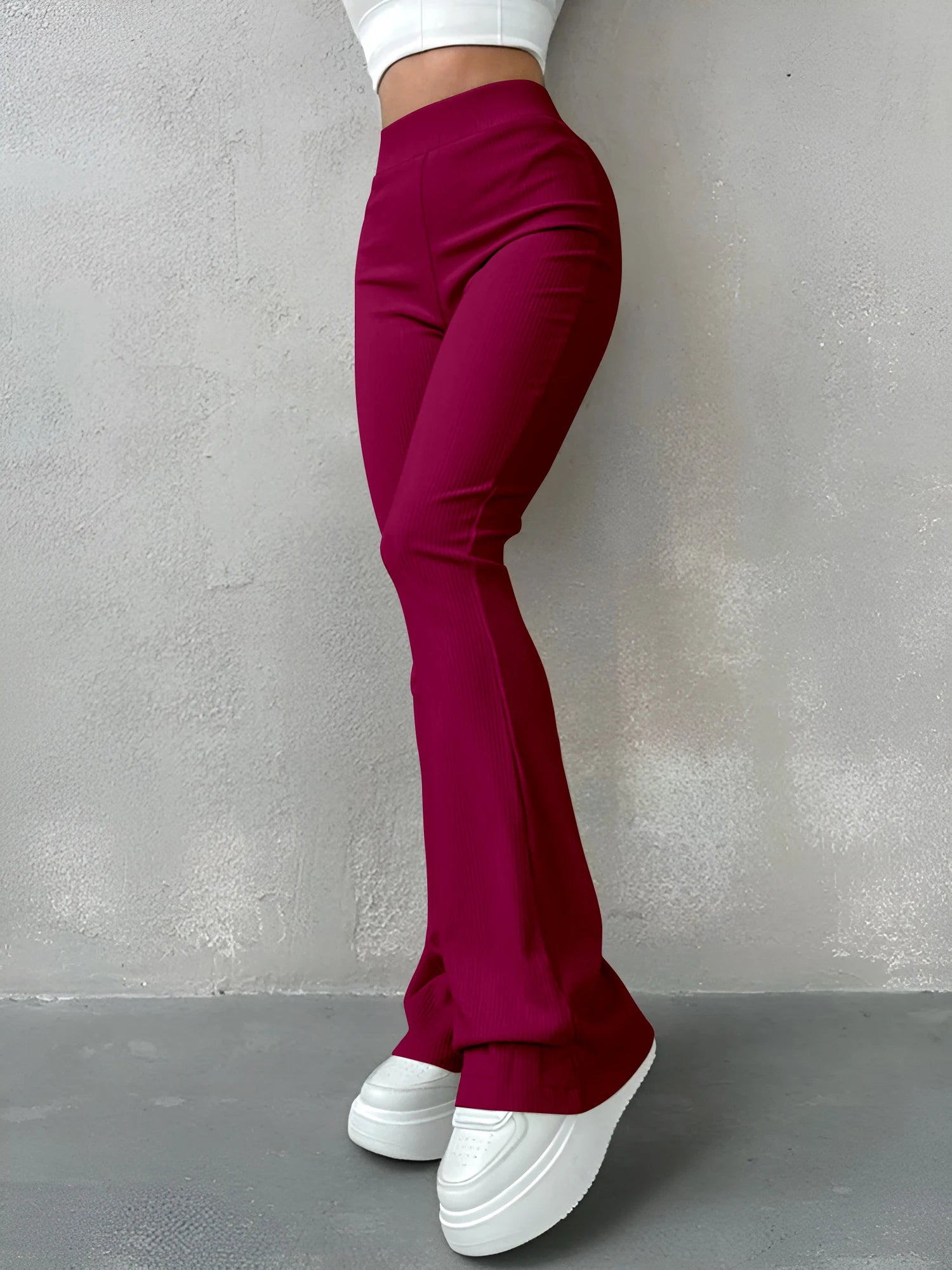 Women's Sexy Slim Pants Ribbed Solid Color Pants High Waisted Flared Pants Showing Longer Legs All-match Sports Long Pants