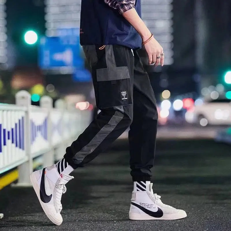 Men's Cargo Pants Casual Hip Hop Hit Color Multiple Pockets Trousers Streetwear Ribbons Techwear Sweatpants