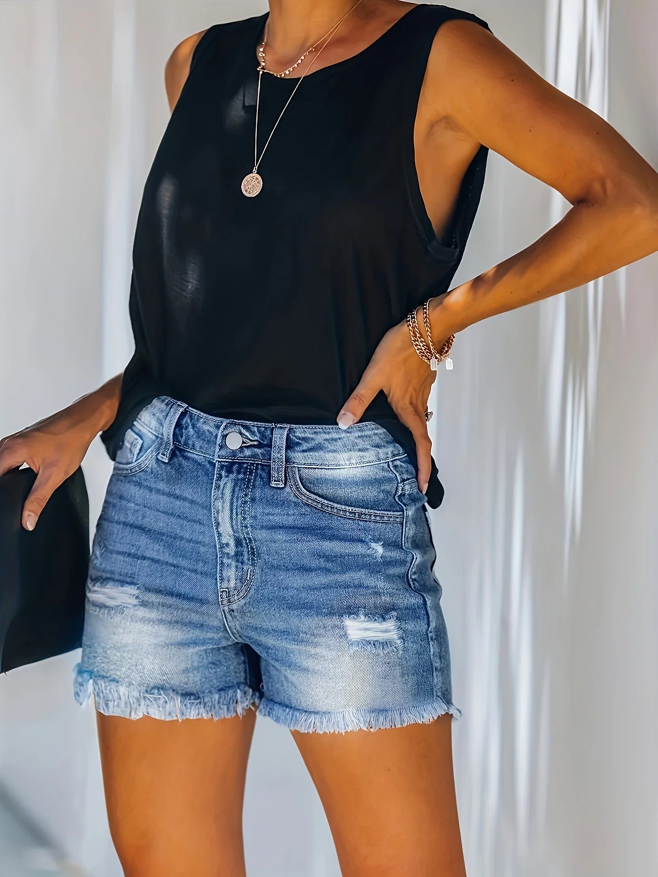 Blue Frayed Hem Denim Shorts, Ripped Holes Slash Pockets Short Denim Pants, Women's Denim Jeans & Clothing