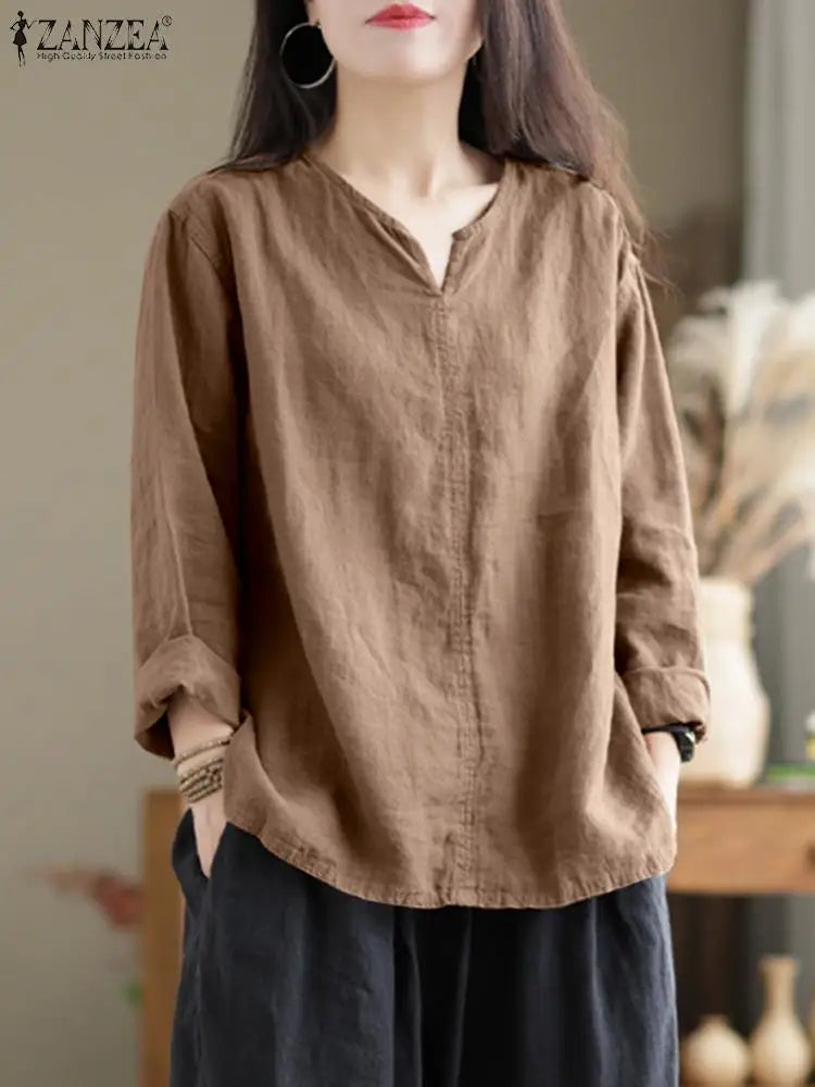 Vintage Women's Blouse Autumn Long Sleeve Shirt Female V Neck Work Holiday Blusas Casual Solid Loose Shirt Cotton Chemise