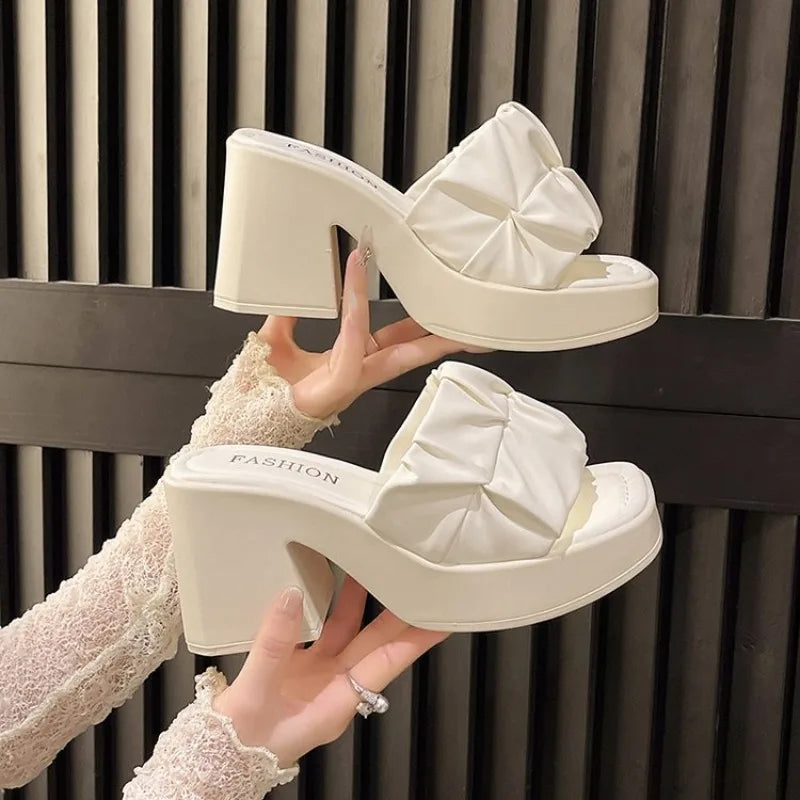 New Fashion Square Toe Anti-wrinkle Women's Slippers Summer High-heeled Casual Women Fish Mouth Shoes