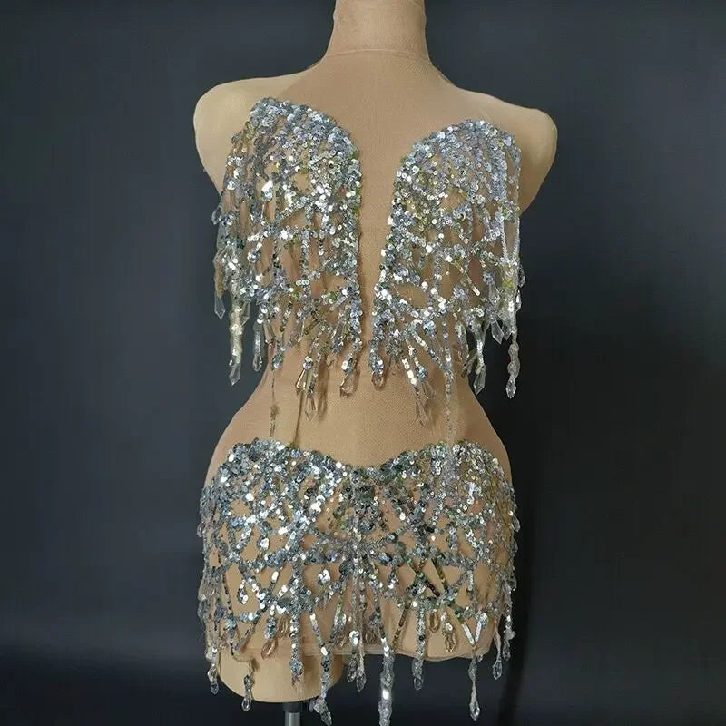 Shinning Sequins Tassel Golden Sexy Backless Halter Sheath Dress Evening Party Performance Costume Nightclub Singer Dancer Stage