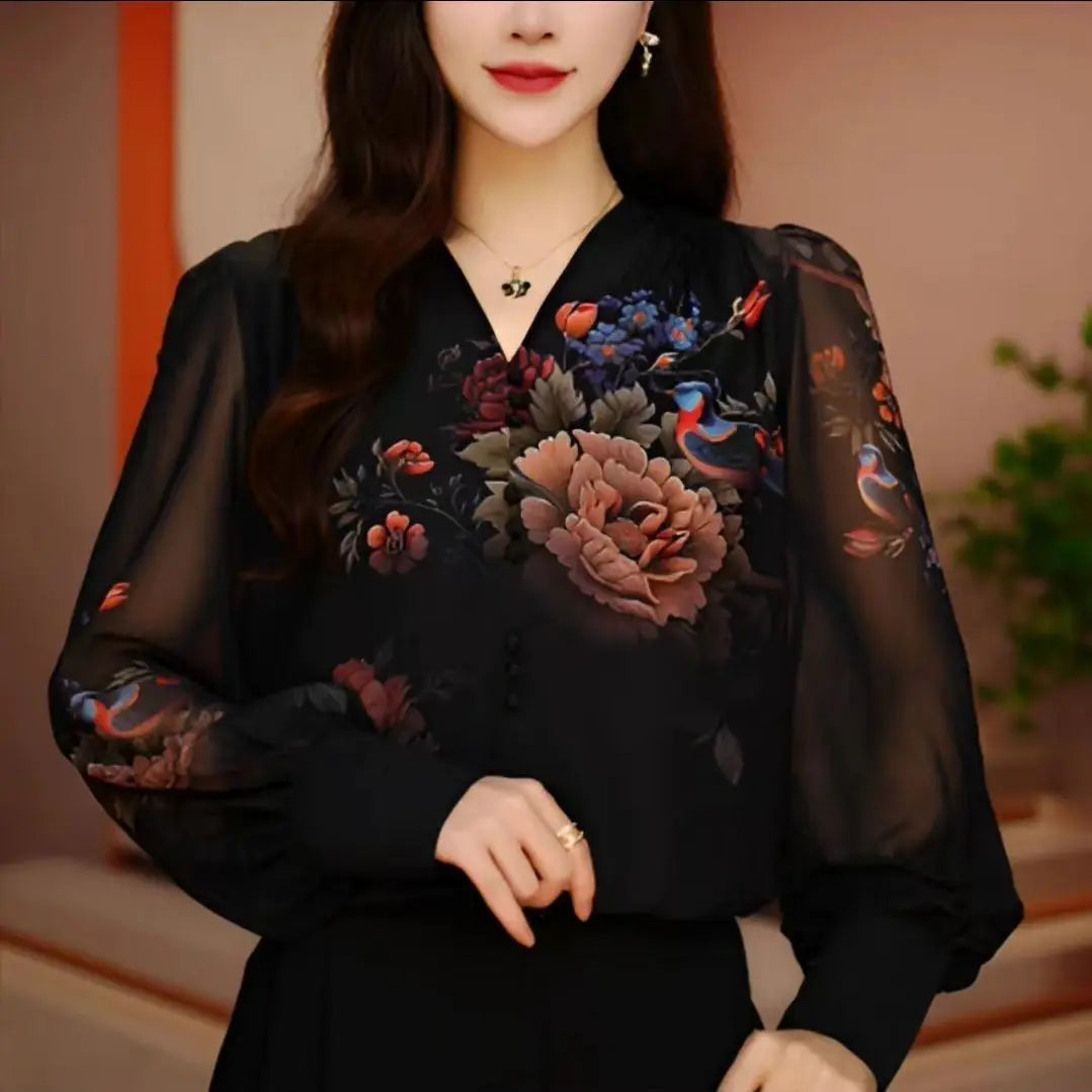 Temperament Ethnic Style Women's Spring and Summer New Fashion Peony Flower Age Reducing Loose Slimming Chiffon Top for Women