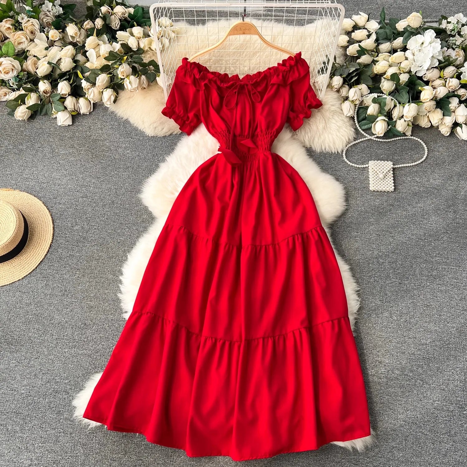 YuooMuoo Summer Vacation Slim Elastic Waist Long Dress Women Elegant Off Shoulders Big Swing Maxi Beach Dress Party Robe Femme