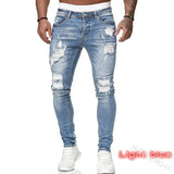 Ripped Mid Waist Slim Fit Men Jeans Vintage Denim Wash Solid Punk Style Skinny Pencil Pants Distressed Holes Ankle Length