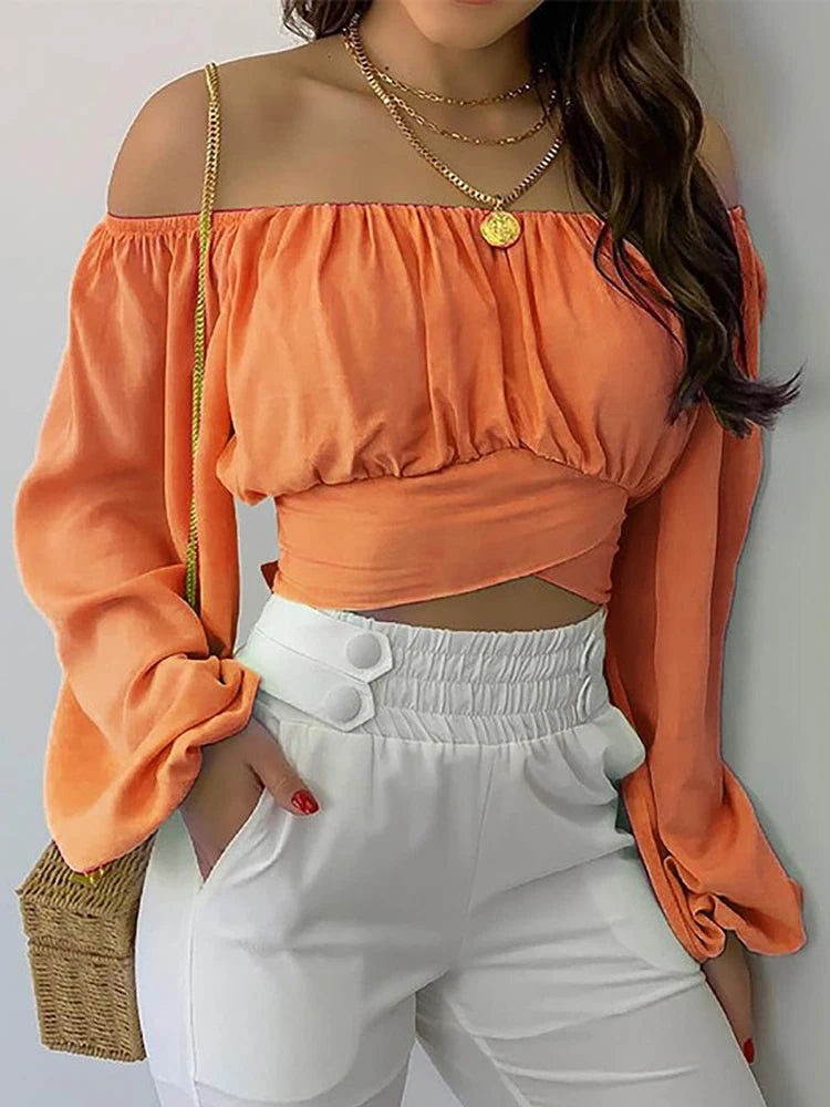 Women's Sexy Off-Shoulder Printing Blouses Chic and Elegant Lantern Long Sleeve Lace Up Bow Cropped Tops Casual Slim Shirts