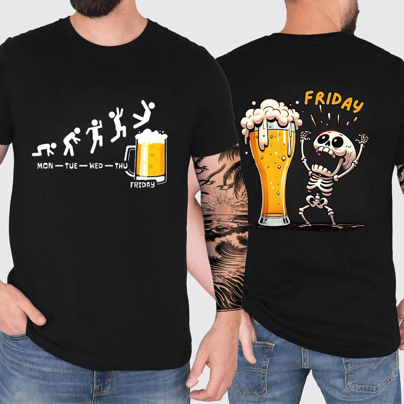 Funny Men's T Shirt Skeleton Enjoying FRIDAY Beer Day T-Shirt Finally Friday for Drink Lover Male Clothes Short Sleeve Tees