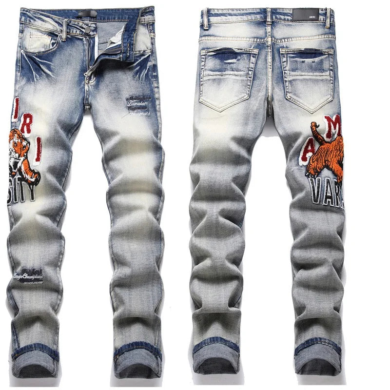 High Street Stretch Embroidery Men’s Jeans Ripped Streetwear Jeans Punk Style Pants for Man Slim Fashion Small Feet Men's Jeans