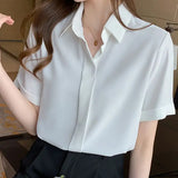 Women Summer Blouses Elegant Solid Shirts  Casual Lapel Short Sleeve Office Lady Work Blusas Female OL Tunic Chemise