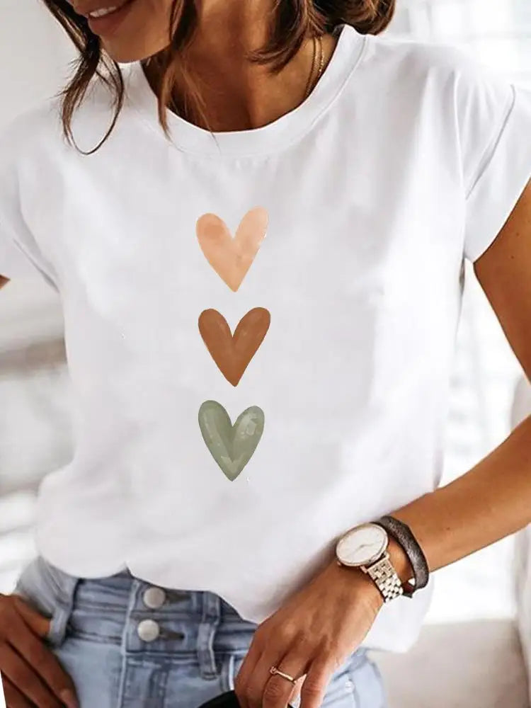 Short Sleeve Casual Ladies Fashion Female Graphic Tee Women Love Heart Trend Sweet Print Summer T Clothing T-shirts