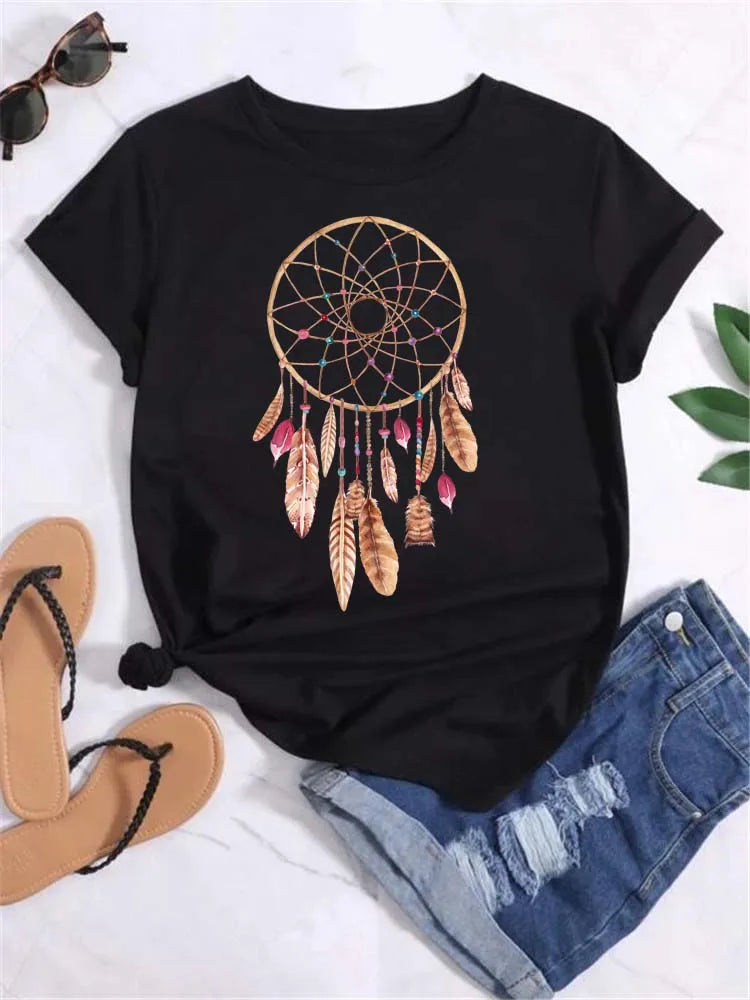 Maycaur Harajuku Women T Shirt Beautiful Dreamcatcher Print Tops Tee Female T-shirt 90s Girls Cute Graphic Women Tee Shirts