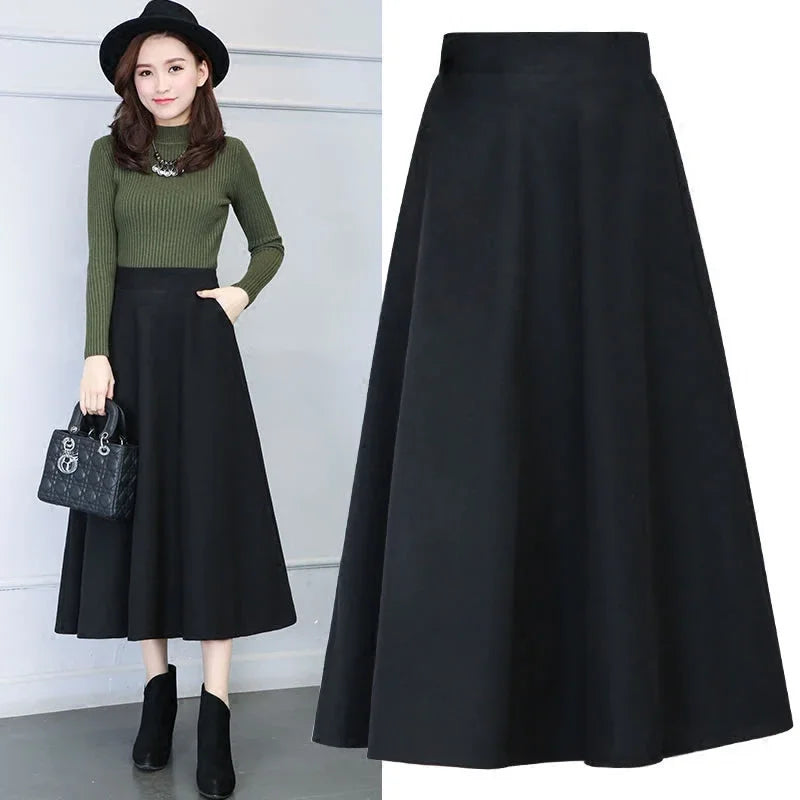 Winter Women Long Woolen Skirt Fashion High Waist Basic Wool Skirts Female Casual Thick Warm Elastic A-Line Maxi Skirts