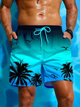 Summer Vacation Men's Palm Tree Print Drawstring Waist Board Shorts Fashion Swim Trunks 3D Print Breathable Short Streetwear