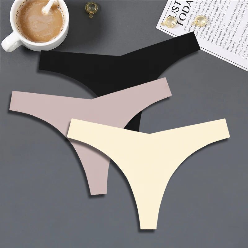 FINETOO 3PCS Women Ice Silk Seamless Underpants Panties Sexy V-Waist Sport Thongs Low Rise 10 Soild Colours Breathable G-string